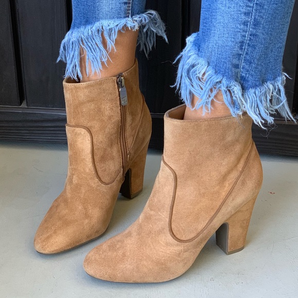 Camel Distressed Suede Block Heel Sock Ankle Boots - Picture 2 of 8
